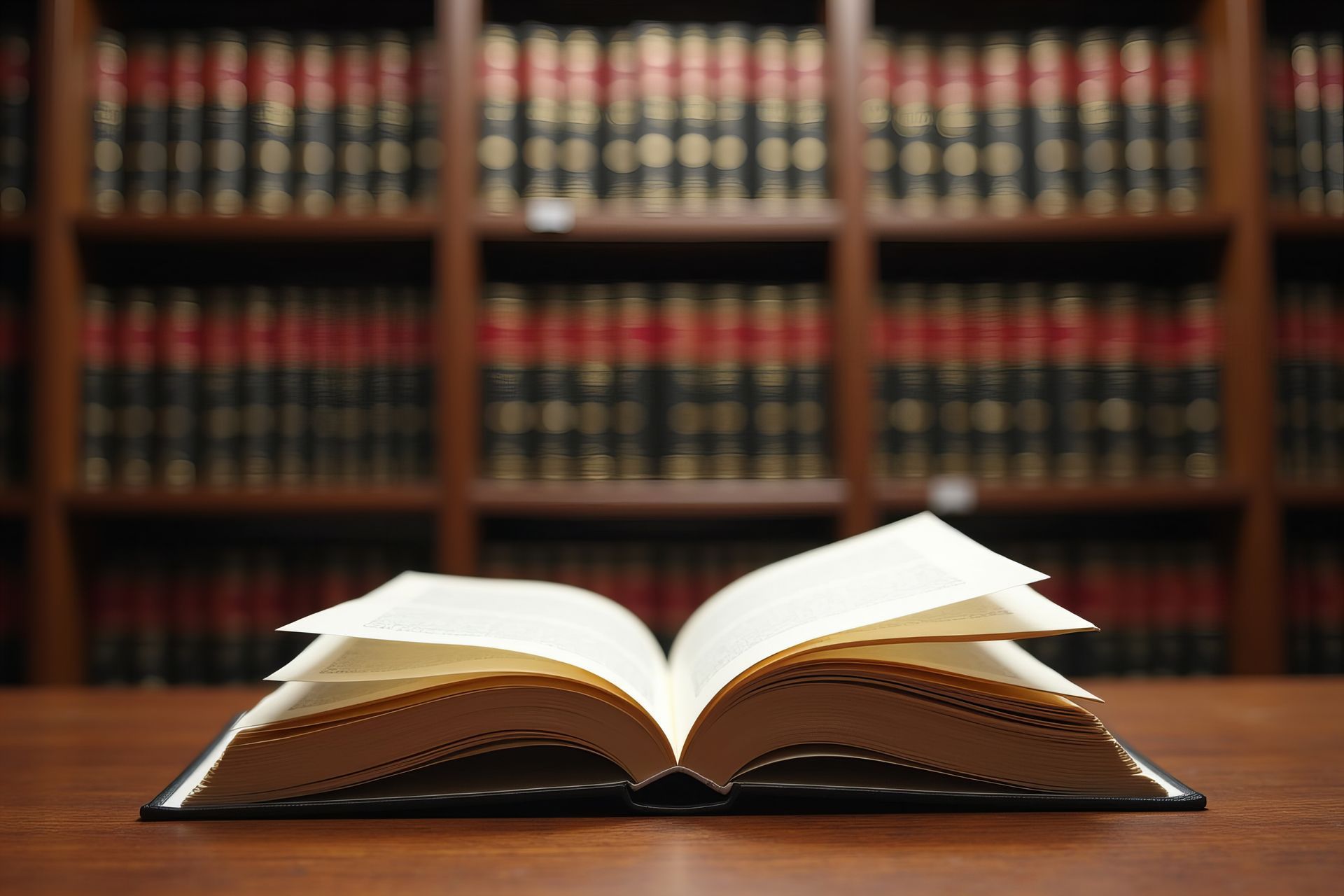 Open book on a wooden table with a blurred bookshelf background