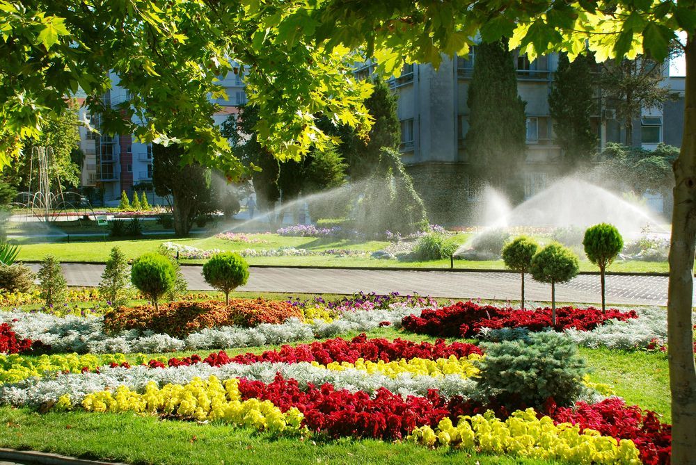 Aiuole colorate e irrigatori in un parco soleggiato con alberi e prato verde