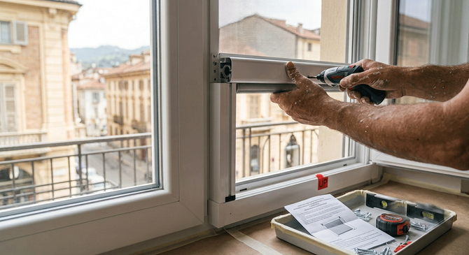 Mani che utilizzano un trapano per installare una staffa di fissaggio su una finestra con telaio bianco.