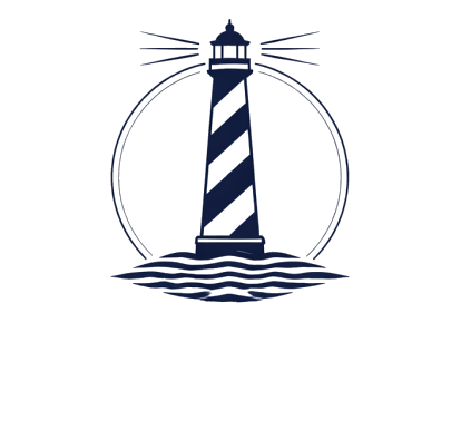 A dark blue, stylized lighthouse with diagonal stripes, emitting light beams, set against a circular backdrop and water.