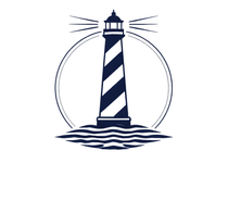 A dark blue, stylized lighthouse with diagonal stripes, emitting light beams, set against a circular backdrop and water.