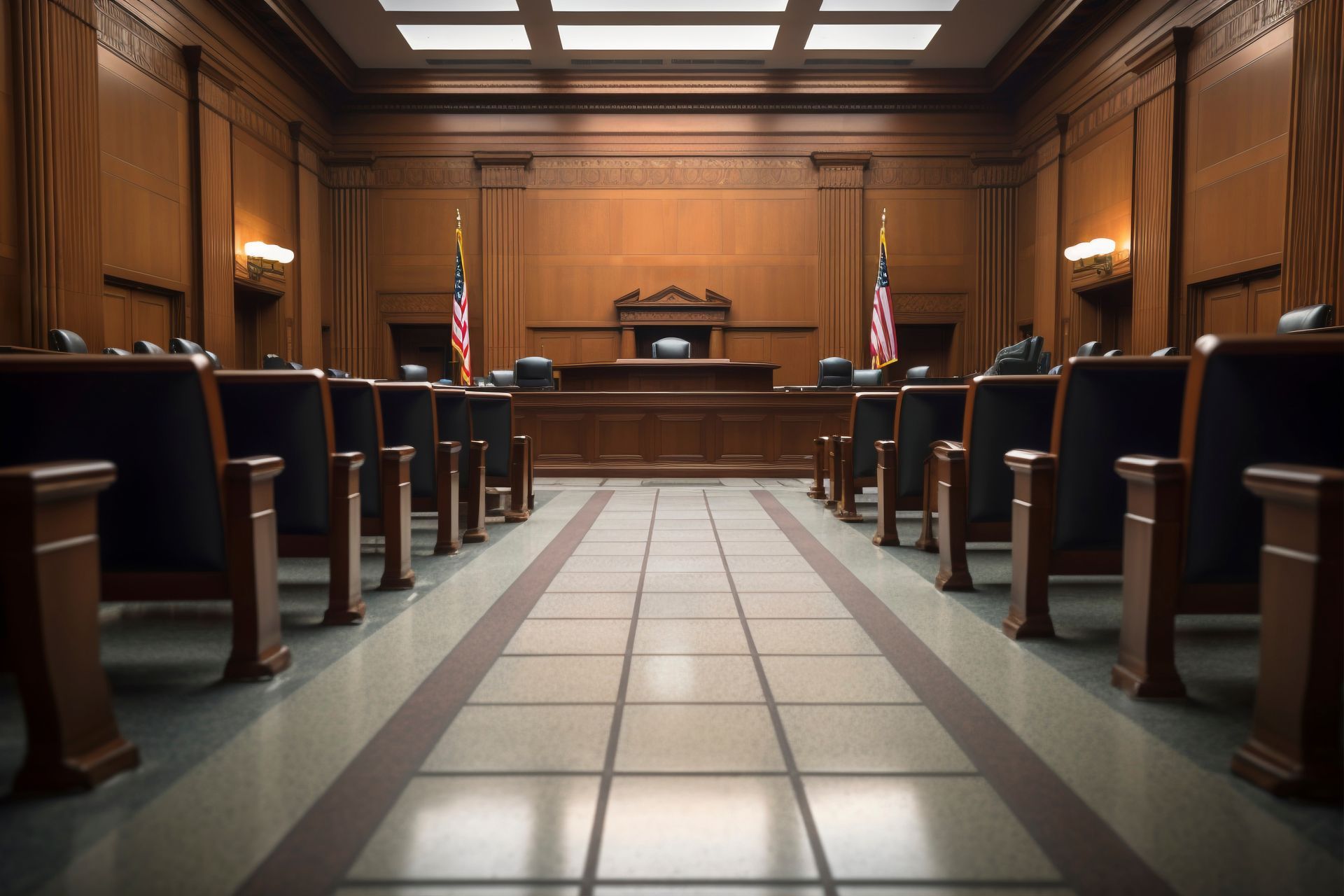 Empty courtroom with wood-paneled walls, rows of benches, and judge’s bench under warm overhead lights.