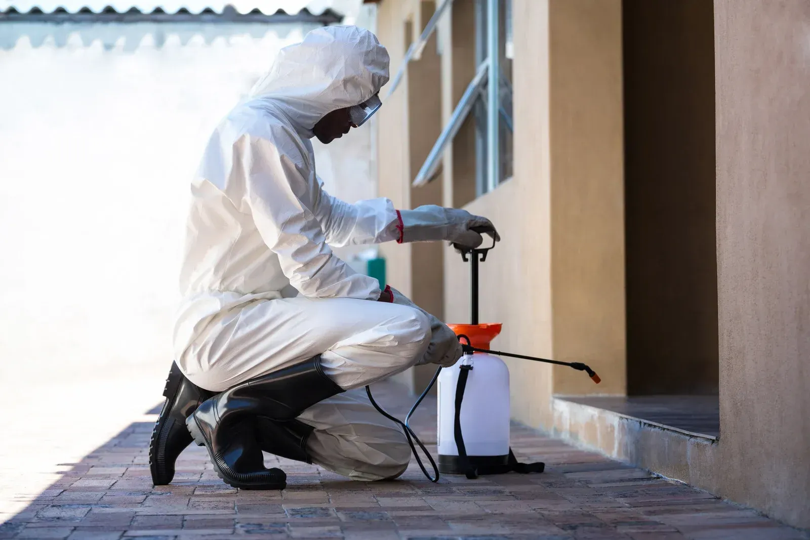 Pest control worker in a white suit sprays pesticide near a building exterior.
