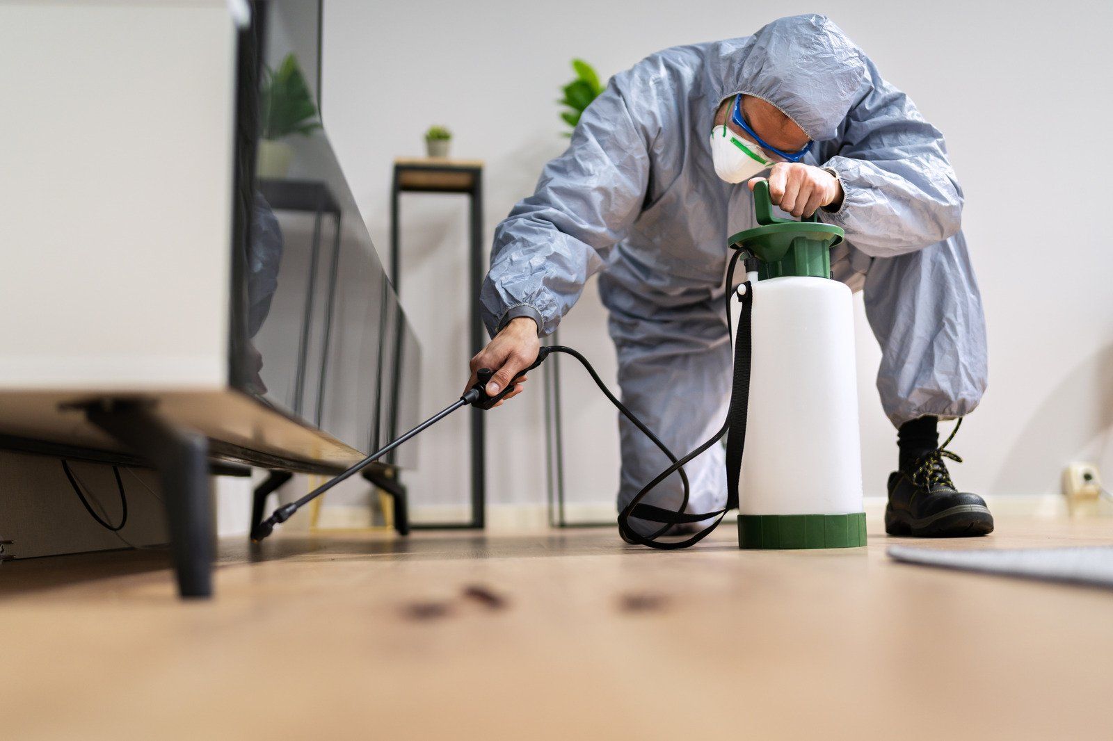 Pest control worker in protective suit sprays insecticide near furniture, cockroaches visible on floor.