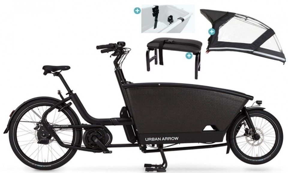 Zwarte Urban Arrow elektrische bakfiets met accessoires: zadel en regenhoes.