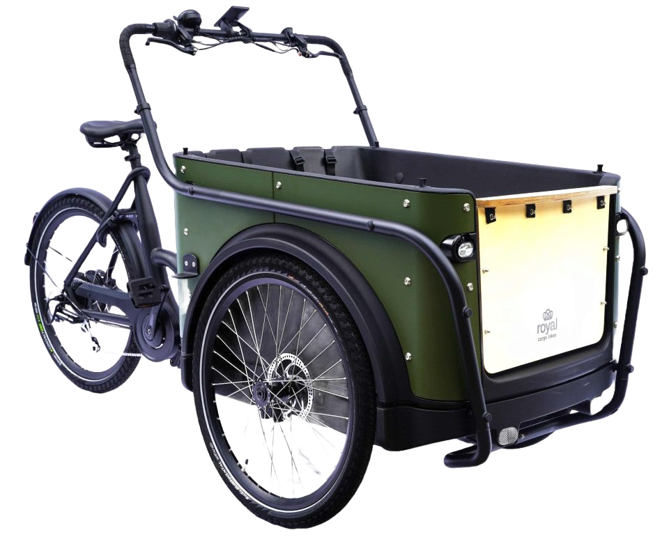 Groene elektrische bakfiets met een grote bagagebox aan de voorkant, een zwart frame en twee voorwielen.