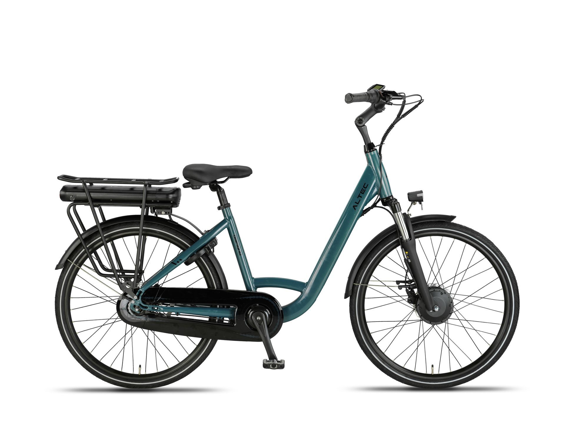 Turquoise elektrische fiets met een zwarte accu en zwarte banden.