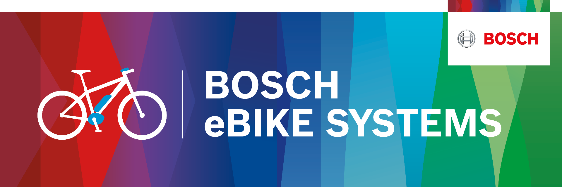 Het logo van Bosch eBike Systems met een witte fiets op een achtergrond met een kleurverloop.