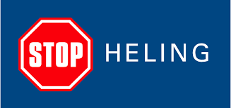 Rood stopbord met witte tekst ernaast, met het woord