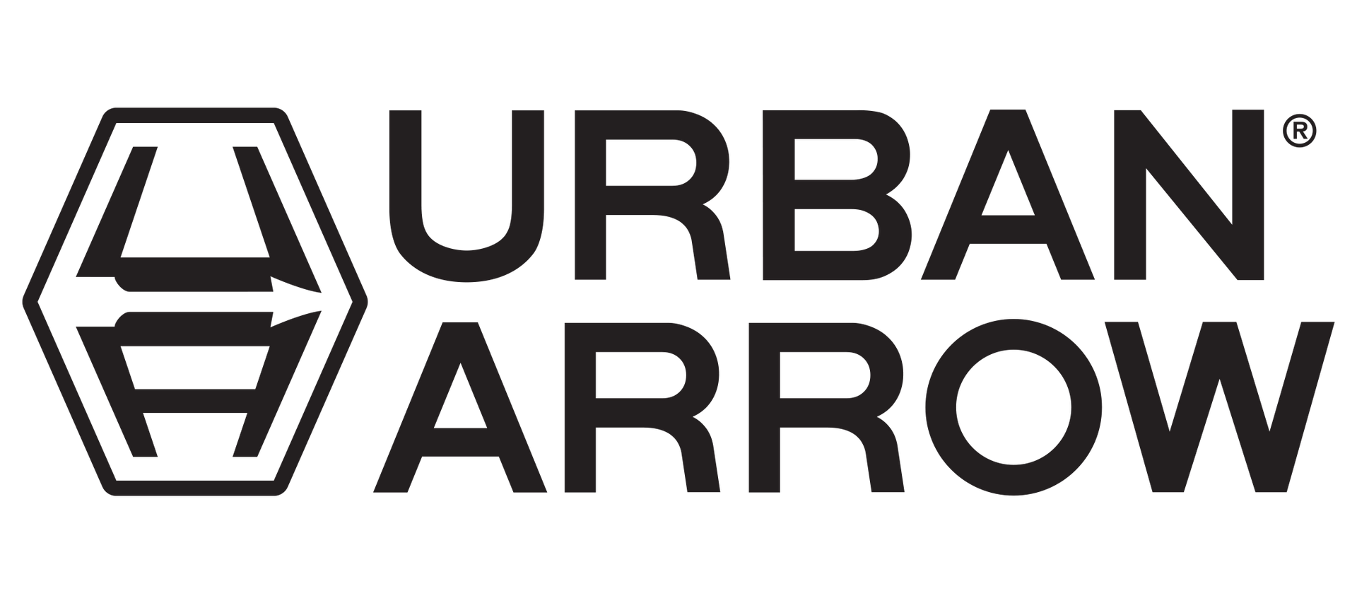Logo voor Urban Arrow, een zeshoekige afbeelding met twee gespiegelde pijlen en tekst.