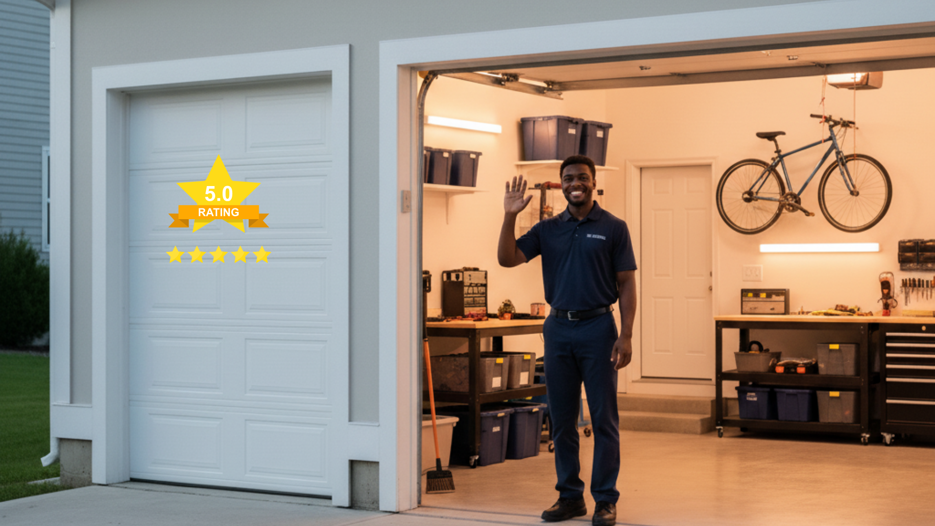 Man waving in front of an open garage with a bike and tools; 5-star rating.