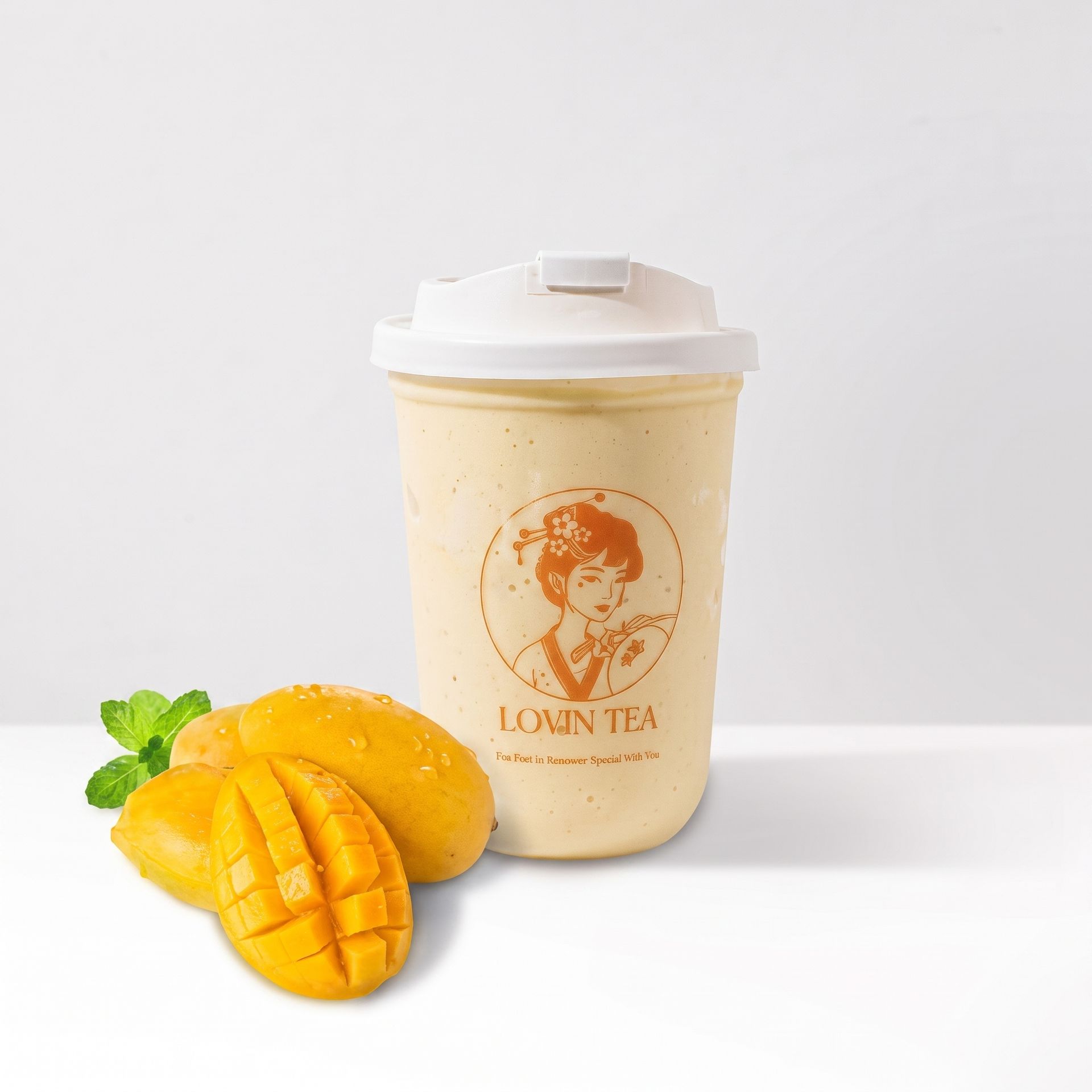 Mango tea drink in a clear cup with white lid, paired with sliced mango on a white background