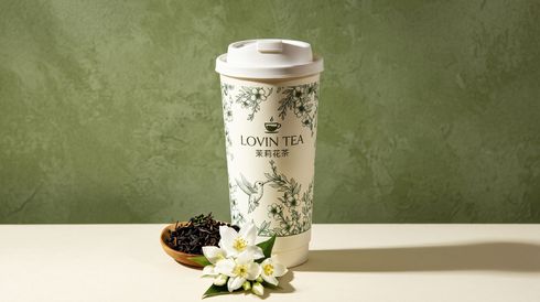Floral travel tumbler with coffee beans and white flowers on a white table against a green background