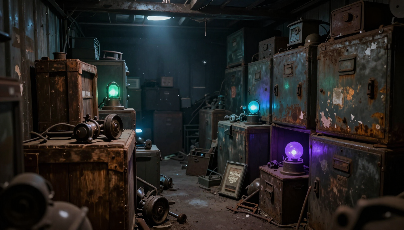 A dusty storage unit filled with strange and mysterious items.