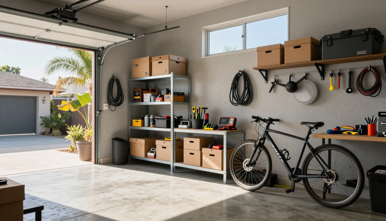 Organized storage unit with boxes and household items