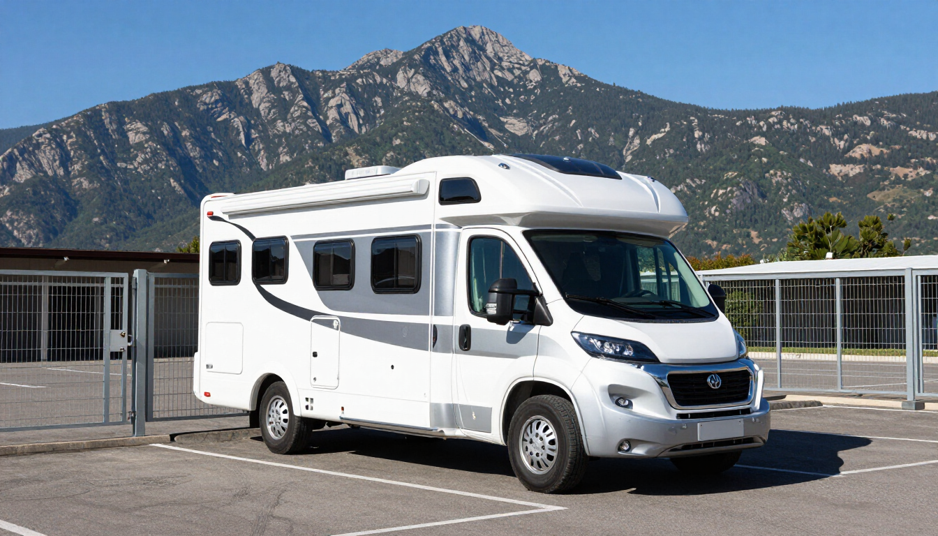 A modern RV parked in a clean, secure storage facility under a bright sky.