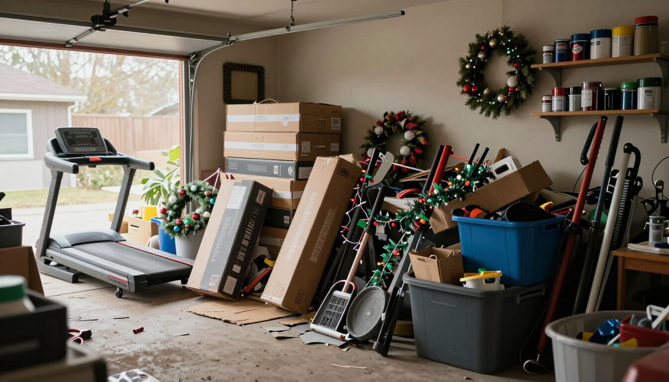 A cluttered residential garage filled with boxes and fitness equipment