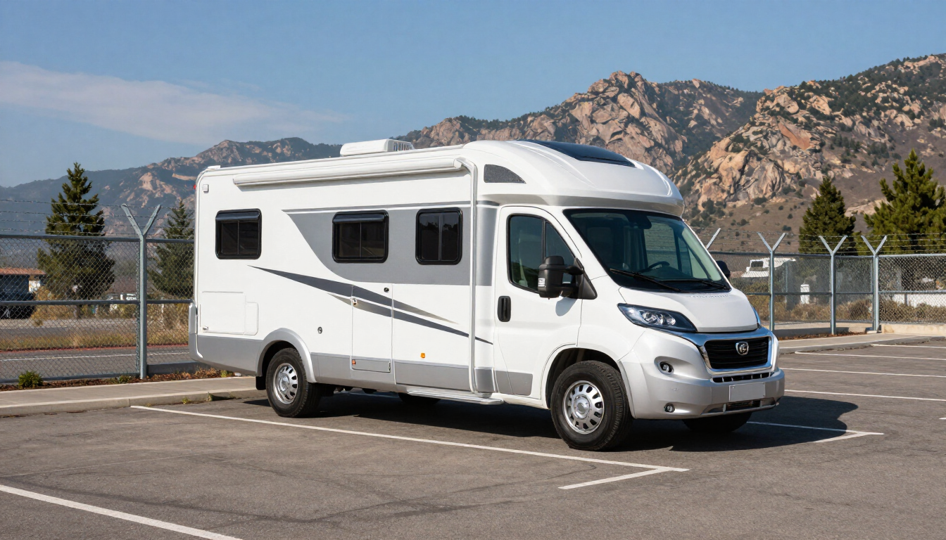 A clean and secure outdoor RV storage lot with mountain views