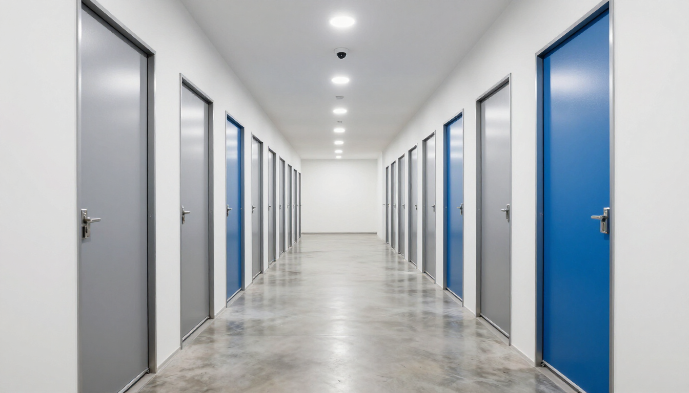 Interior of a modern climate-controlled storage facility with bright lights and clean floors.