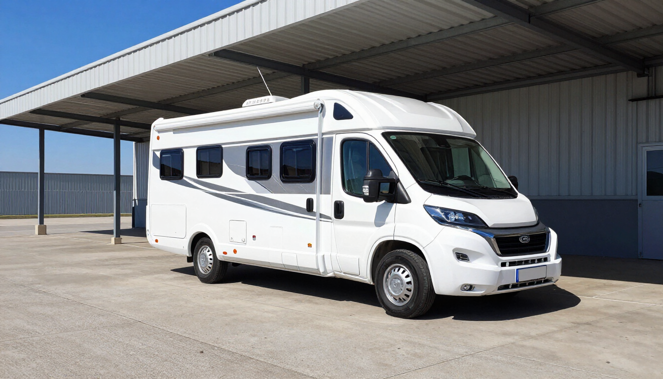 RV parked beneath a covered storage canopy