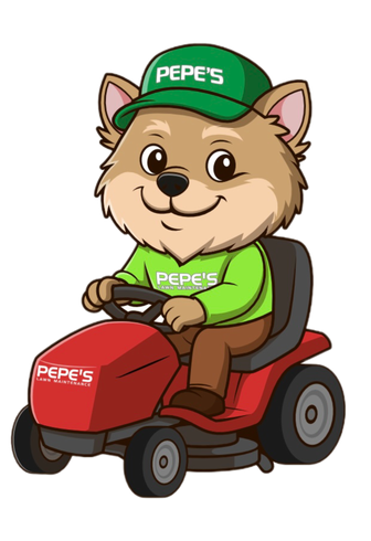 A cartoon of a dog wearing a pepe 's shirt raking leaves