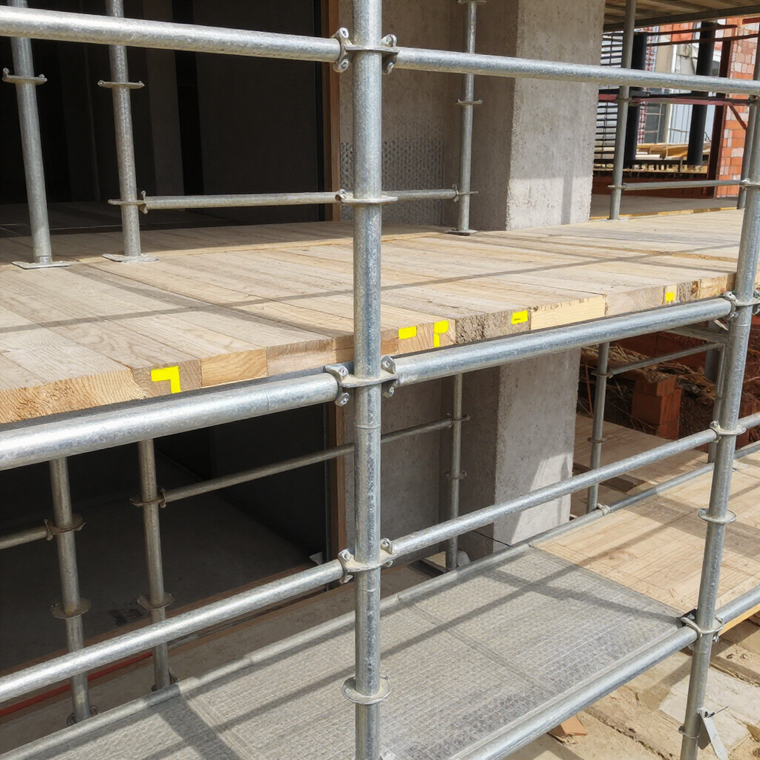 Ponteggi con binari metallici davanti a un cantiere edile in cemento e bordi del pavimento non rifiniti