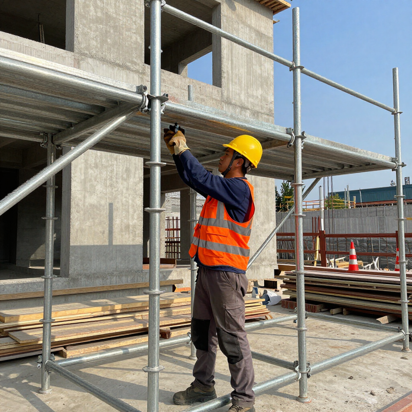 Operaio edile con giubbotto arancione e casco giallo stringe un'impalcatura in un cantiere.