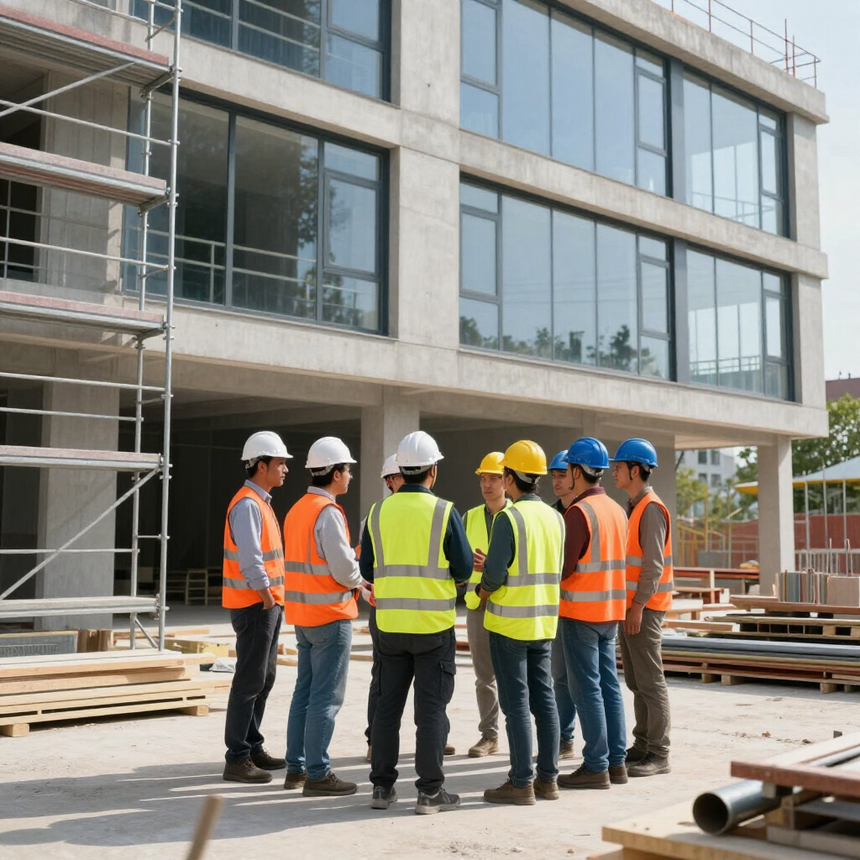 Una squadra di operai edili, con elmetti e giubbotti di sicurezza, si riunisce all'esterno di un edificio in costruzione.