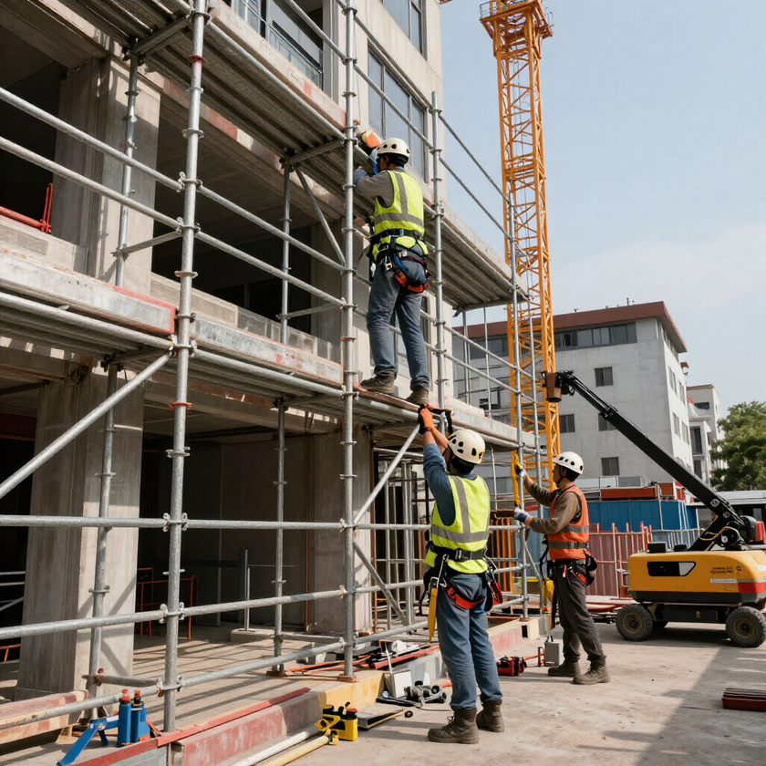 Operai edili su un'impalcatura in un cantiere, guidano un elevatore verticale accanto a una gru.