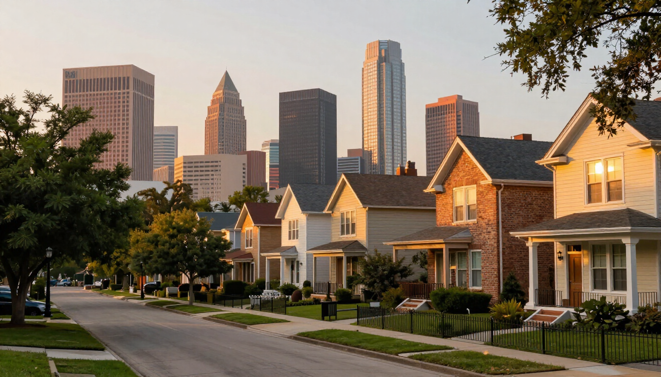 Houston skyline and Montrose neighborhood at sunset