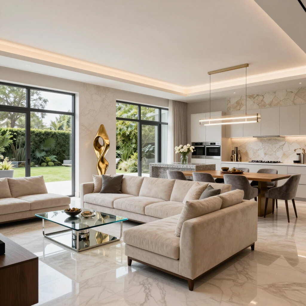 Modern open-plan living room with beige sofas, glass coffee table, dining area, and garden view