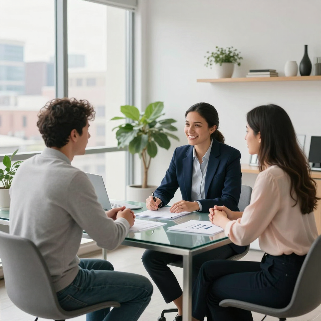 Three colleagues meet around a glass table in a bright office, discussing documents and smiling.