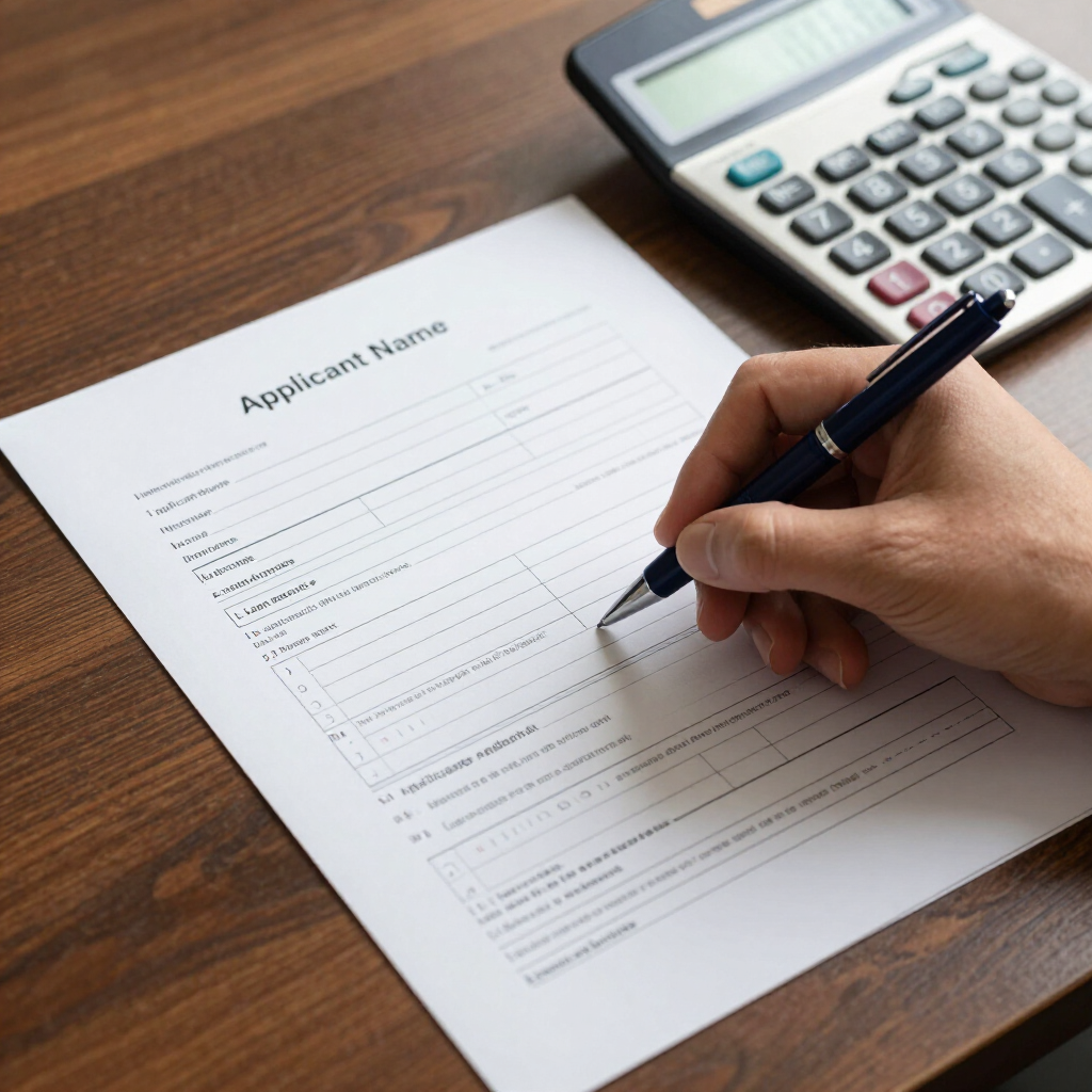 Hand writing on an applicant form beside a calculator on a wooden desk