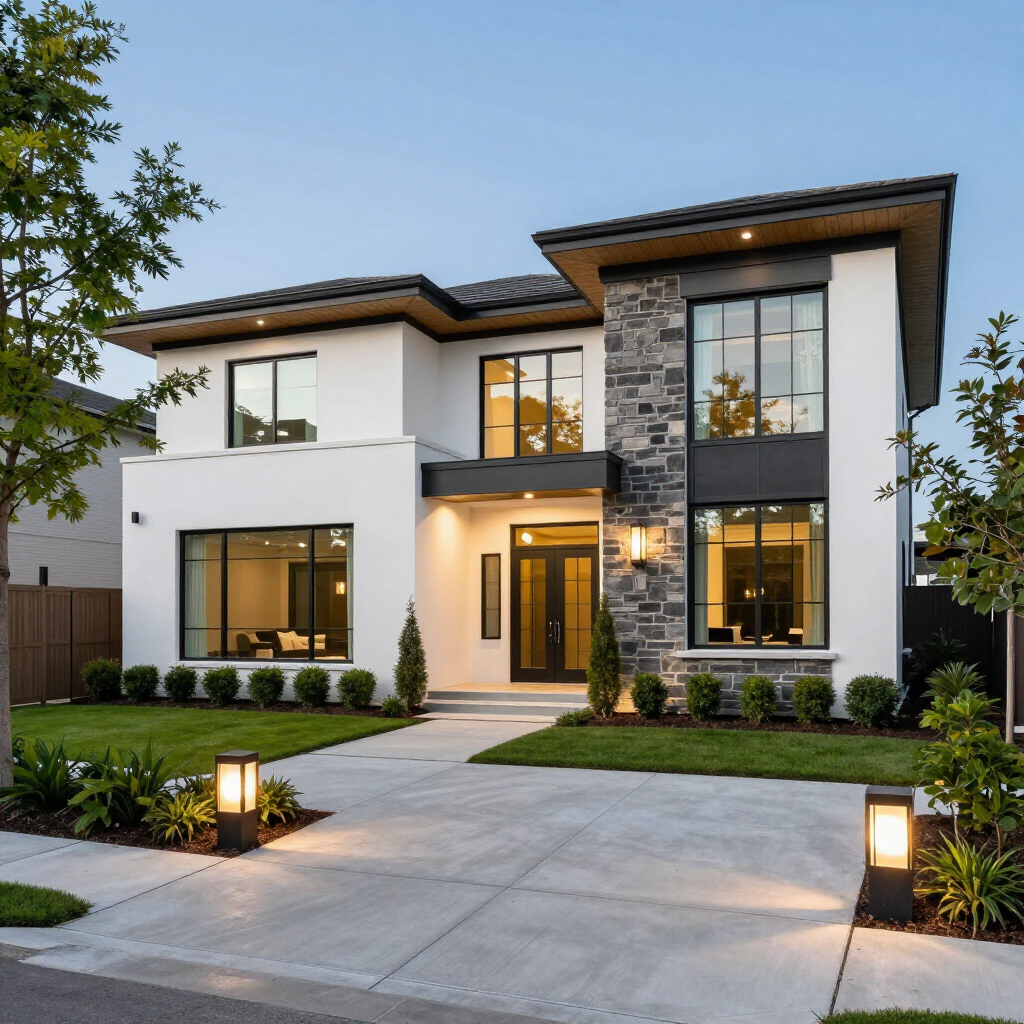 Modern two-story white house with stone accents, large windows, and a lit front walkway at dusk
