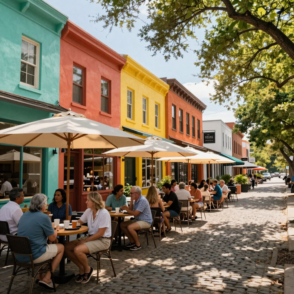 People dining at outdoor café tables along a colorful street with pastel storefronts and umbrellas
