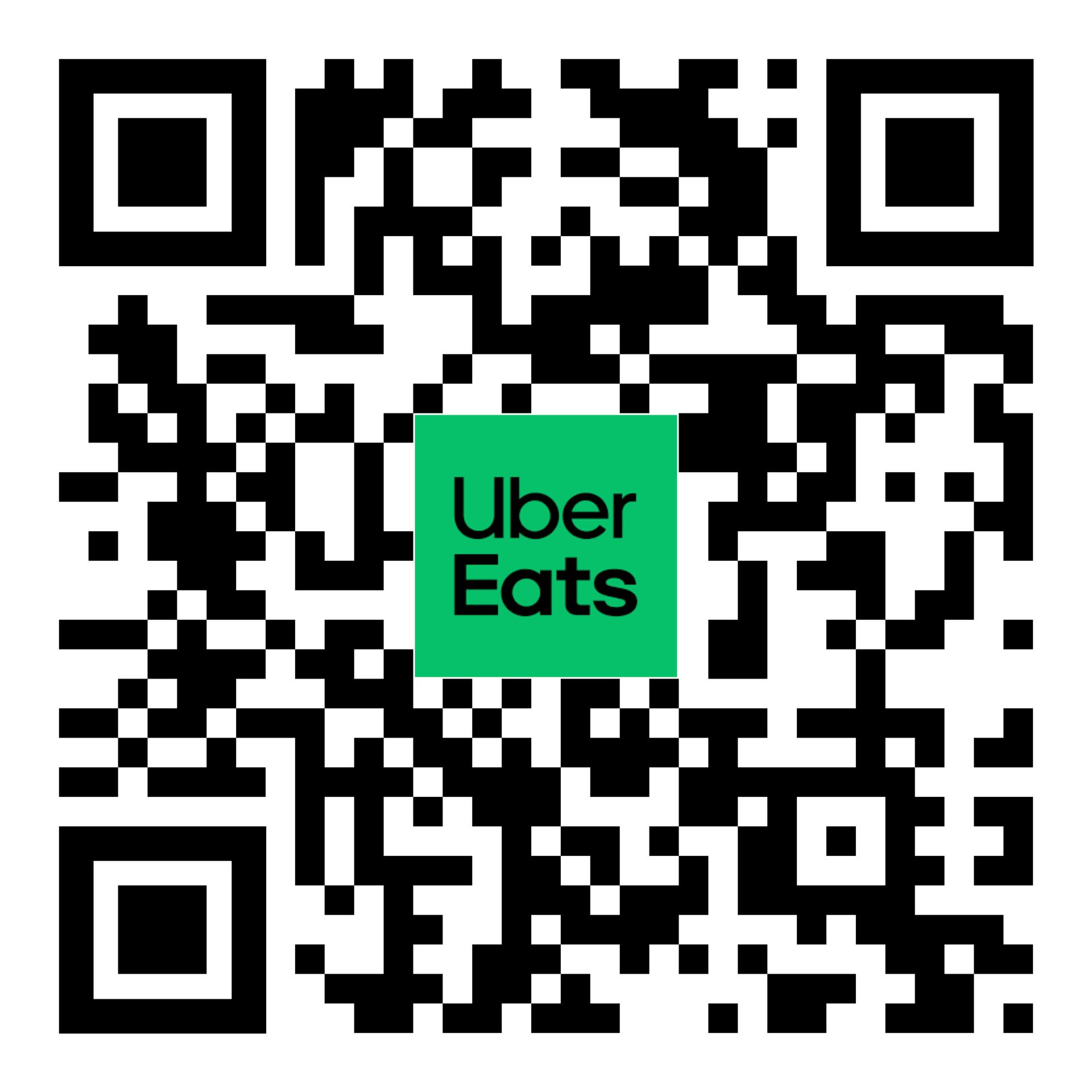 QR code for Uber Eats, green logo in the center. QR code for Uber Eats, green logo in the center.