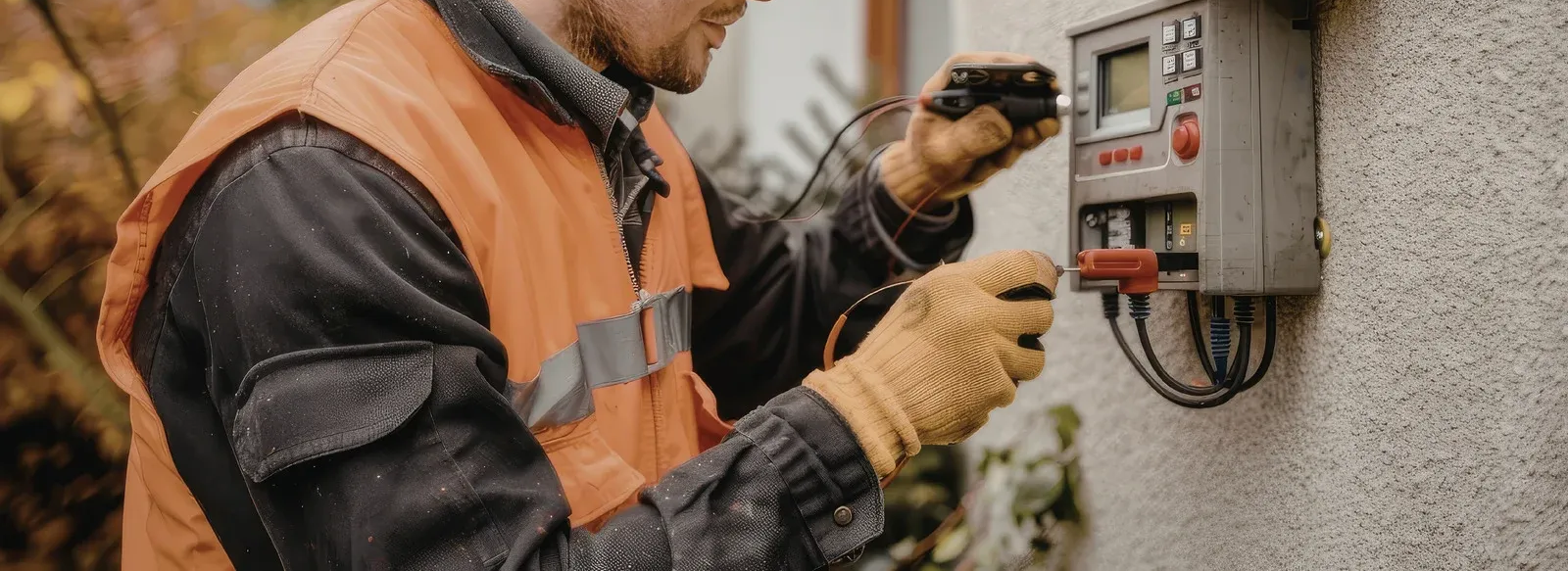 A man wearing a hard hat and goggles is standing in a room.