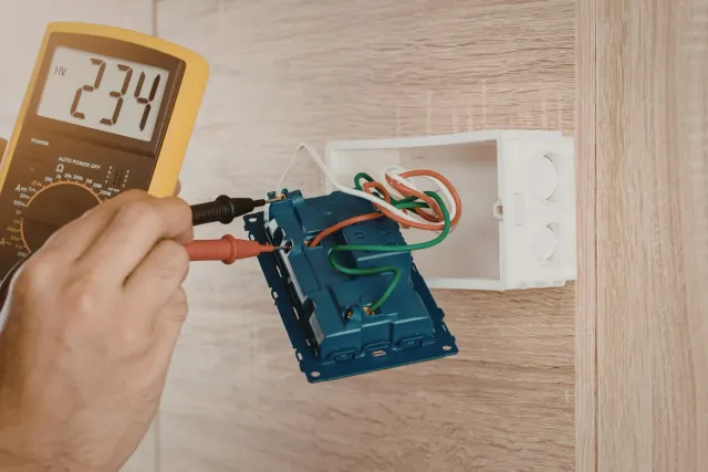 A man is working on a kitchen in a house under construction