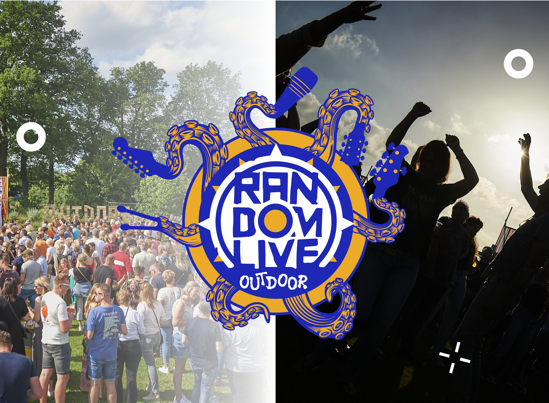 Een menigte mensen verzamelt zich bij RandomLive buitenevenement
