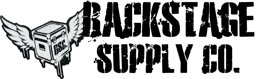 Black-and-white logo reading “Backstage Supply Co.” with a winged megaphone graphic