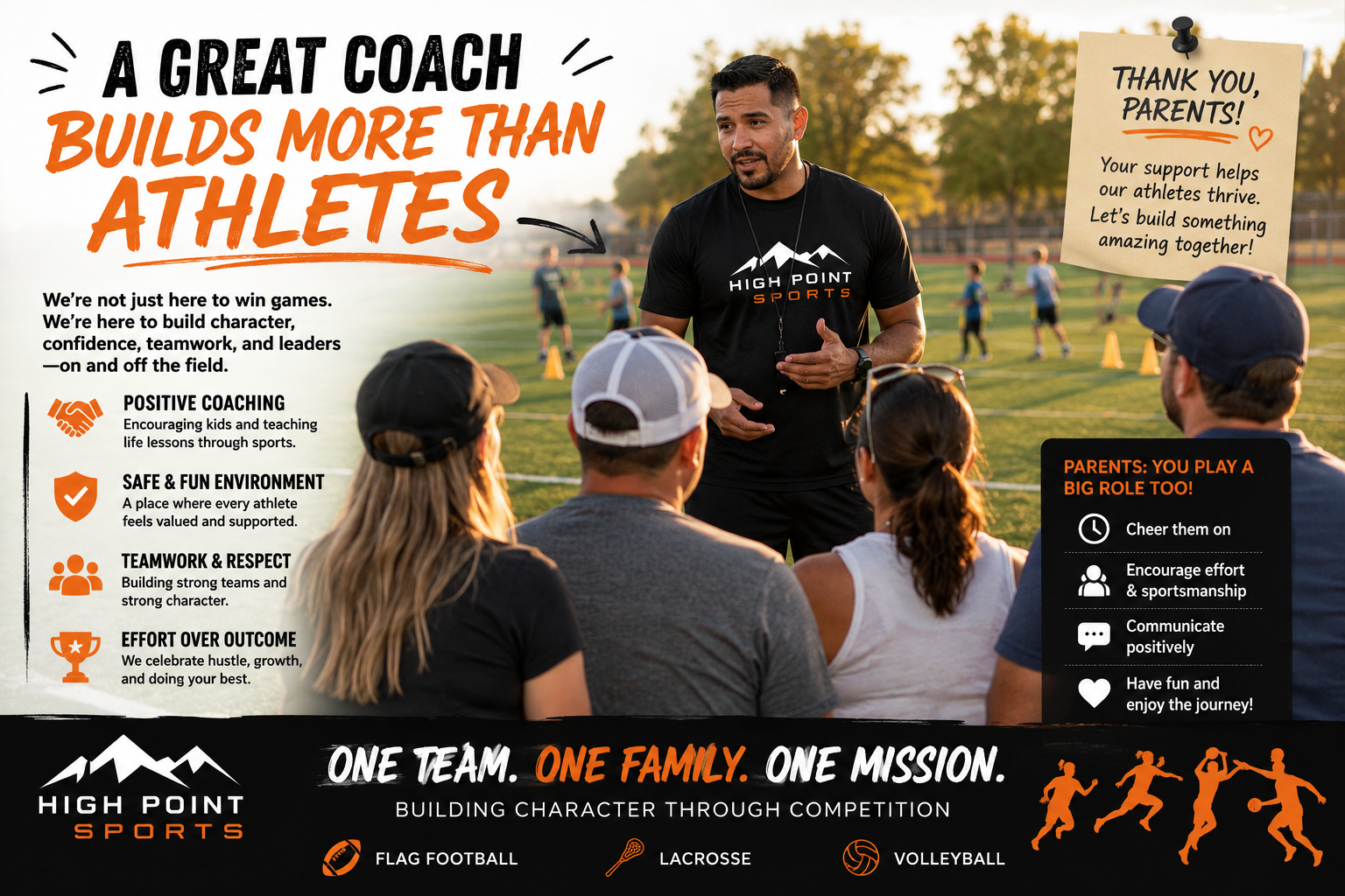 Coach speaking to a small group outdoors with poster text: “A great coach builds more than athletes.”