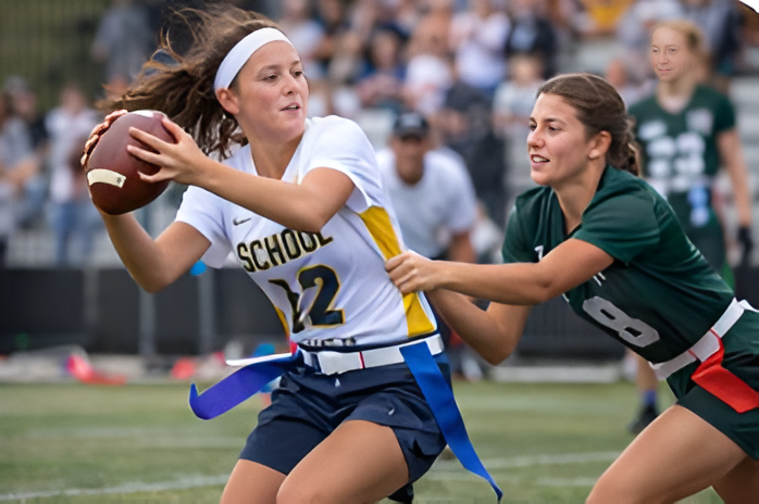 High school football player in white jersey runs with the ball as a defender in green reaches to tackle her