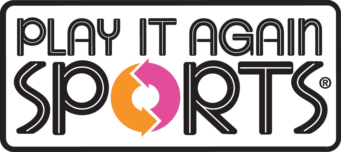 Play It Again Sports logo in black and orange with a stylized pink-orange circular emblem