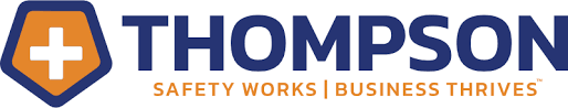 THOMPSON logo with orange shield icon and tagline “Safety Works | Business Thrives”