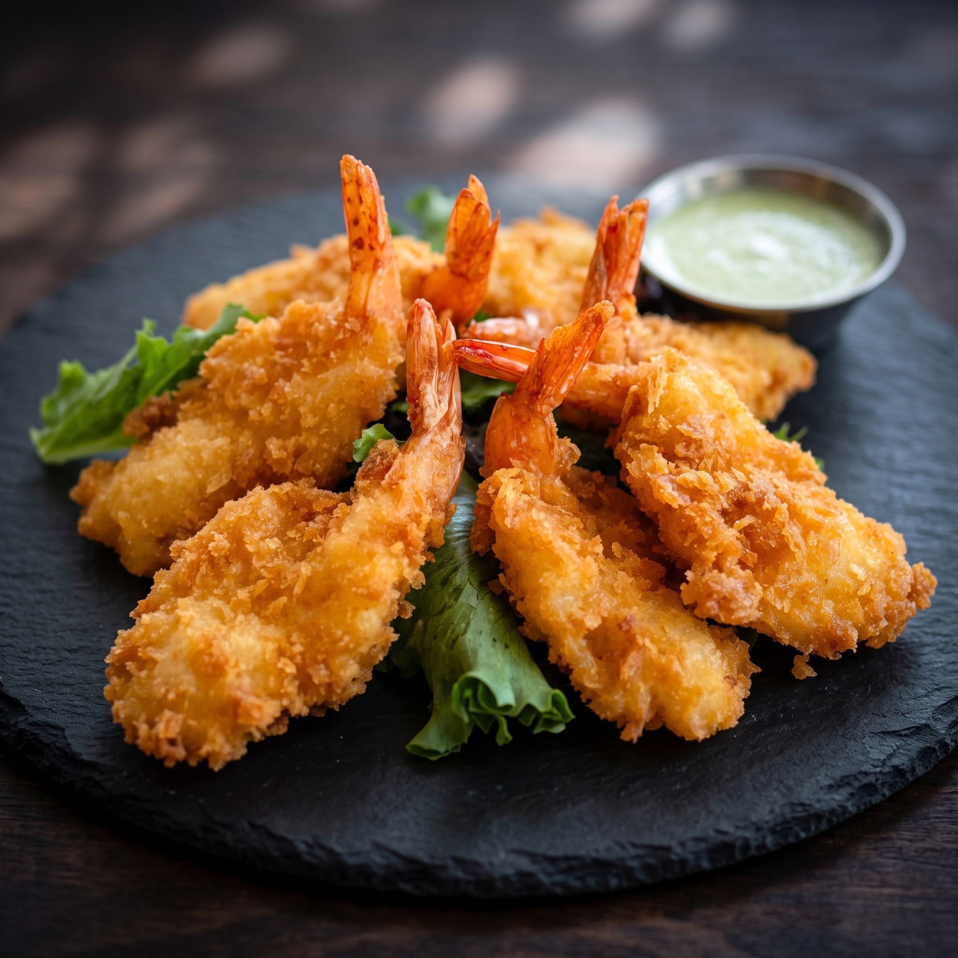 Golden fried shrimp with dipping sauce on a dark slate plate, garnished with lettuce.