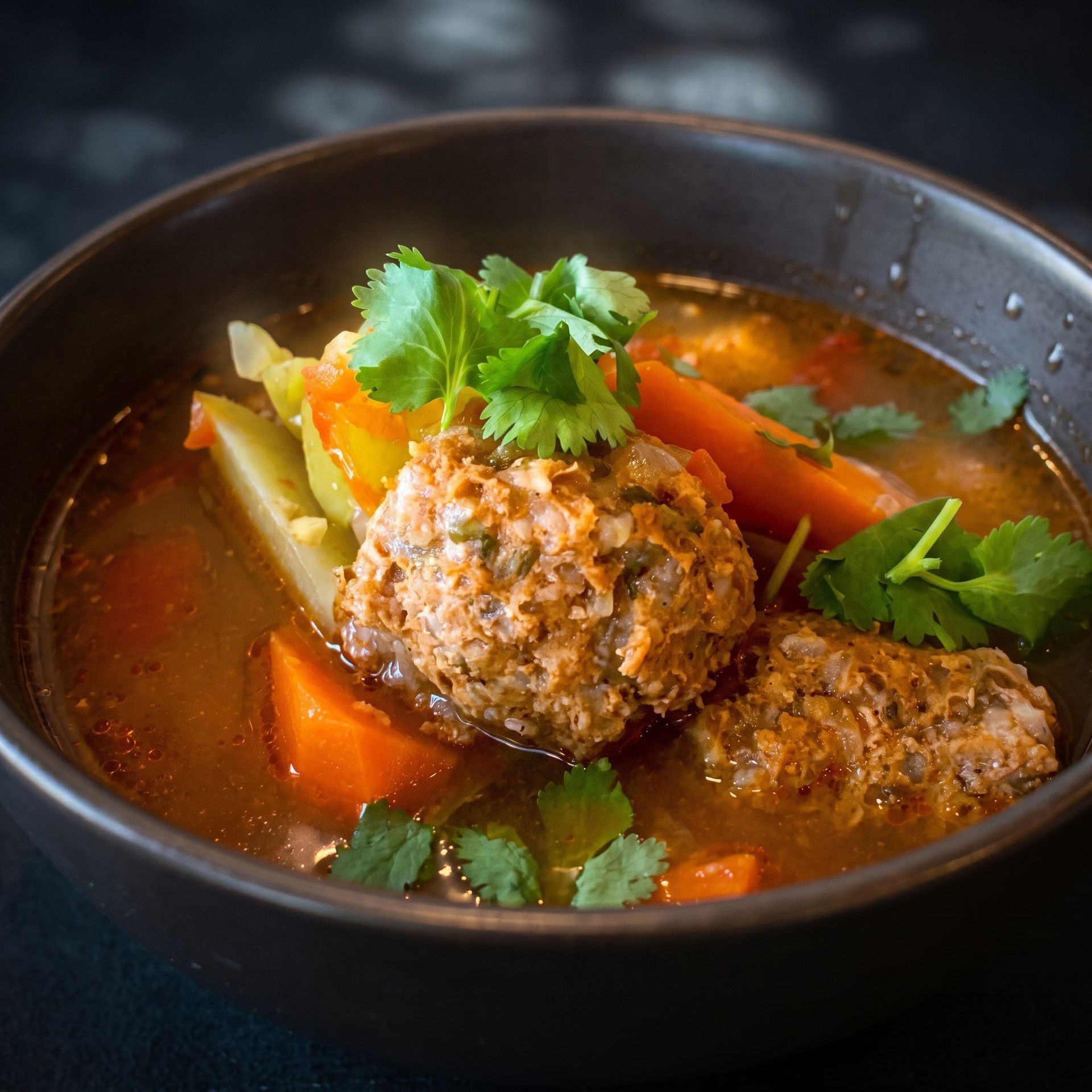 Bowl of meatball soup with carrots, celery, and cilantro garnish