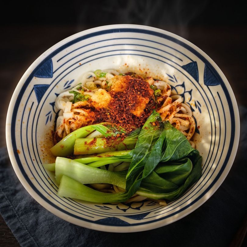 Bowl of spicy noodles with greens and chili powder on a blue-and-white patterned dish