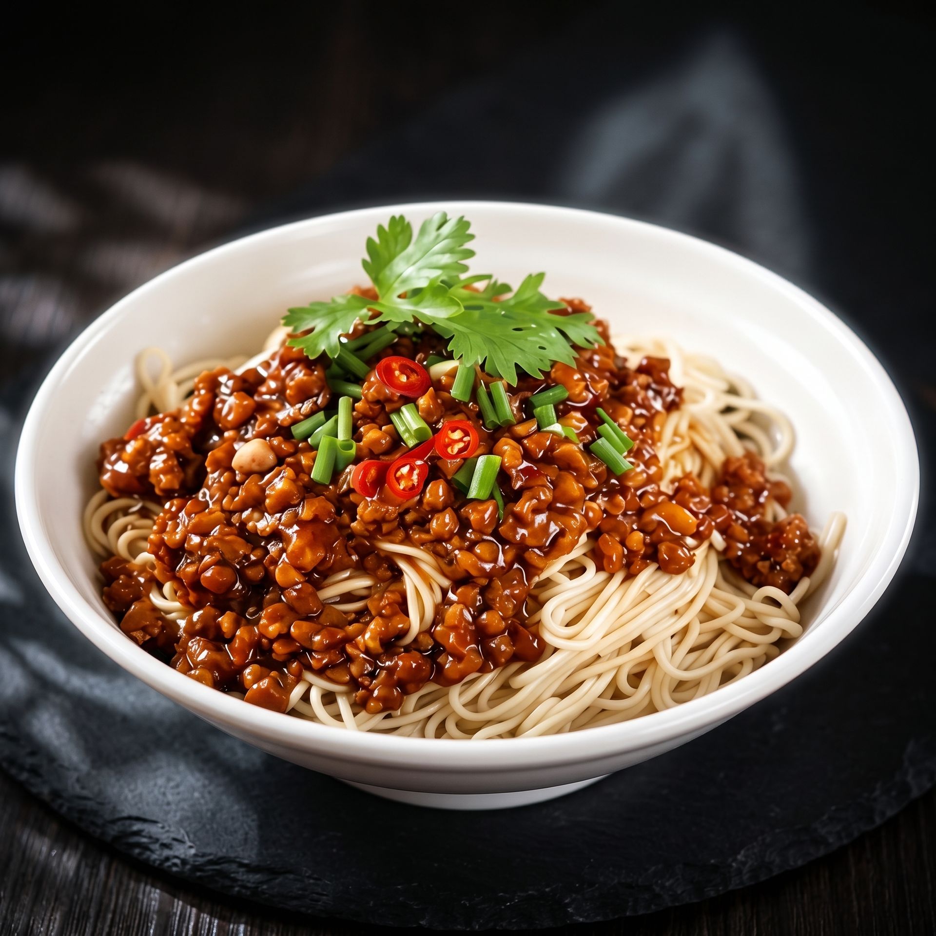 Bowl of noodles topped with savory minced meat sauce, red chilies, and cilantro on a dark plate