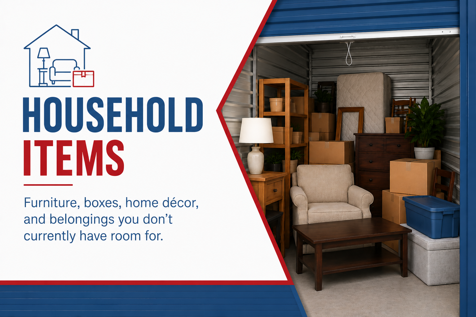 Household items and furniture packed in a storage room with moving boxes and a chair