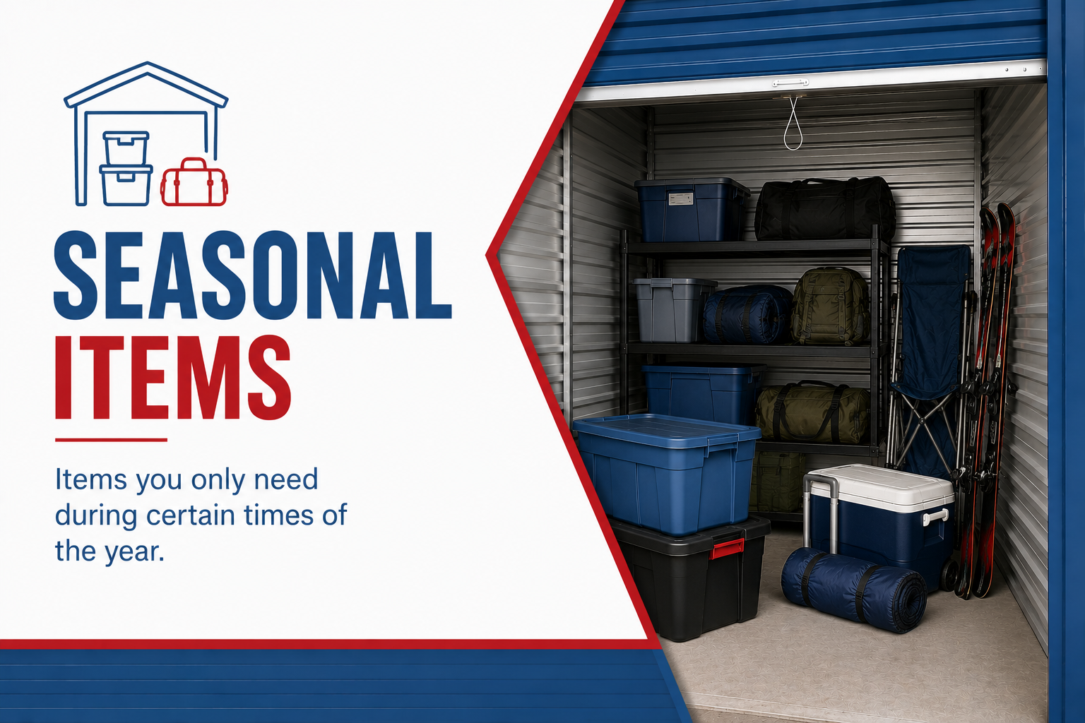 Seasonal items in a garage storage shelf with bins and a blue cooler